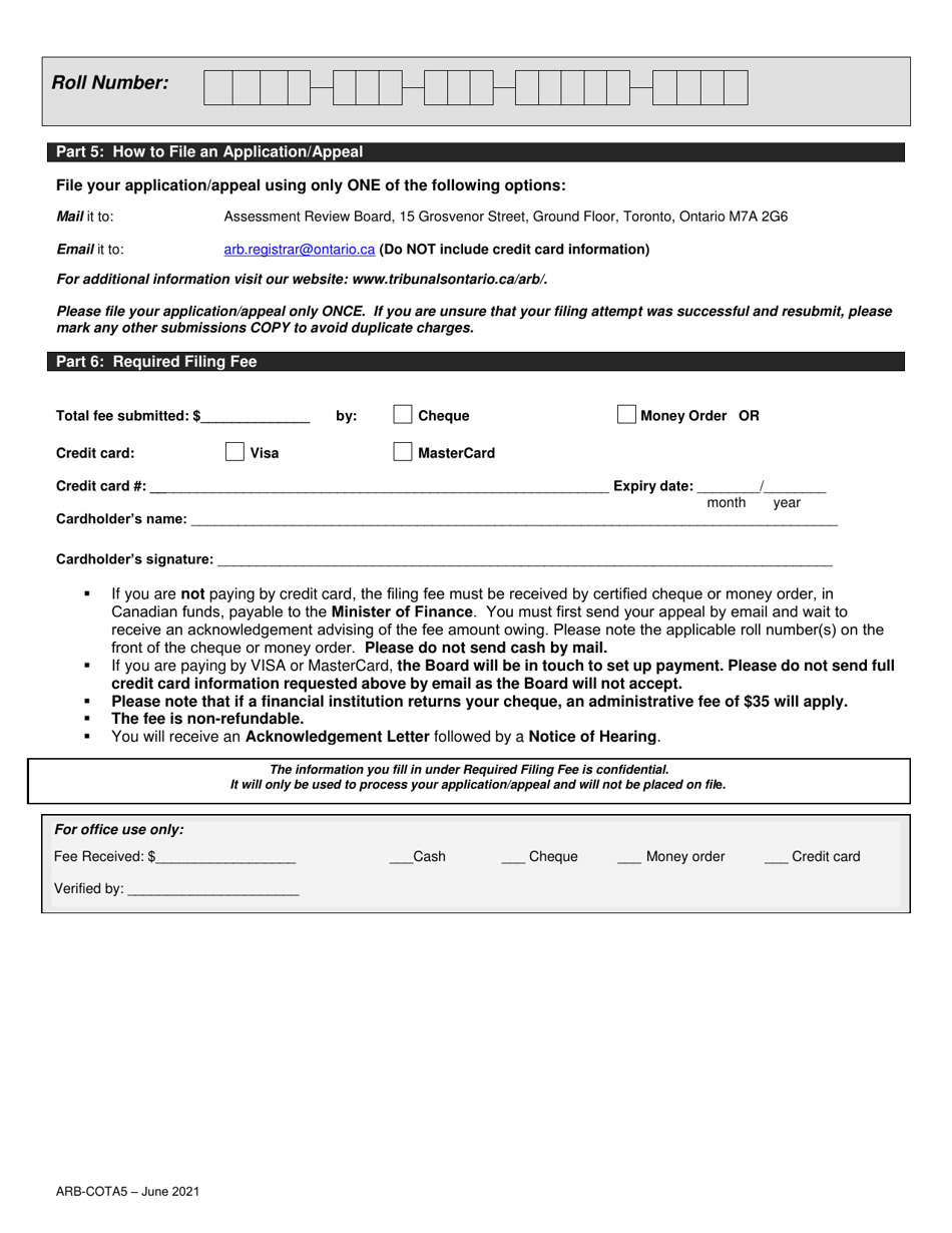 Form ARB-COTA5 City of Toronto Act Application / Appeal - Cancel, Reduce, Refund - Ontario, Canada, Page 7