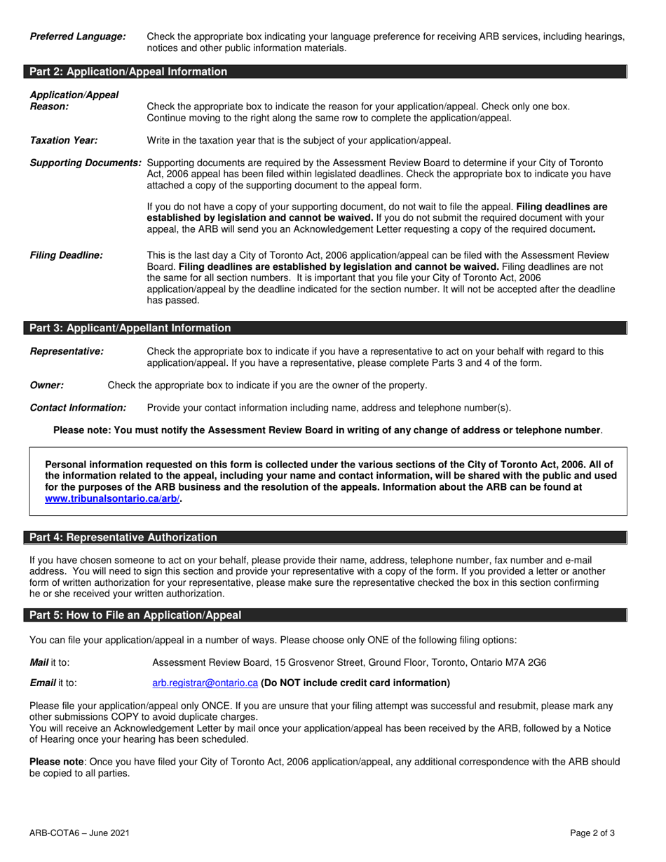 Form ARB-COTA6 City of Toronto Act, 2006 Application / Appeal - Limits on Traditional Municipal Taxes - Ontario, Canada, Page 2