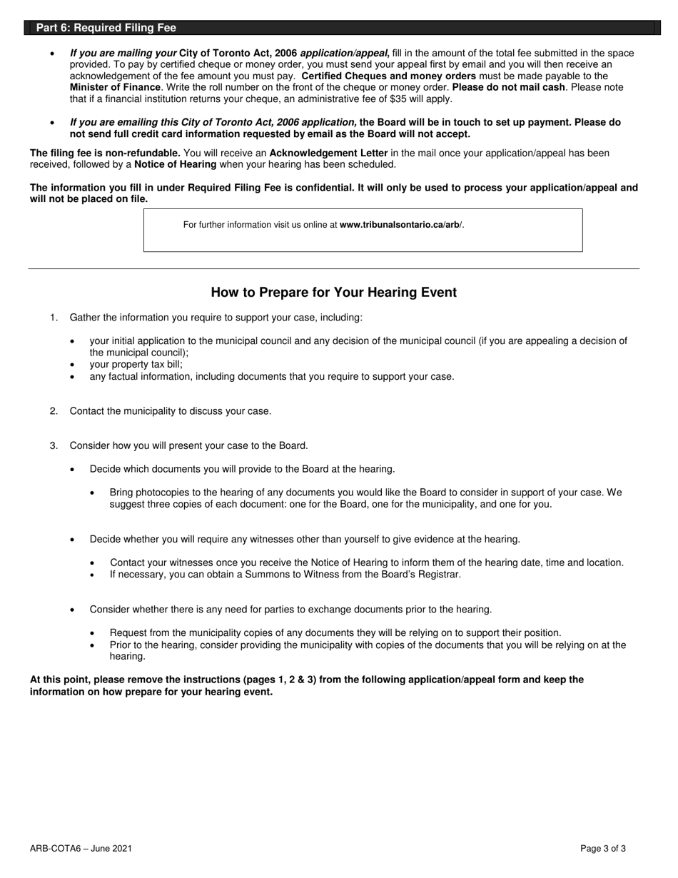 Form ARB-COTA6 City of Toronto Act, 2006 Application / Appeal - Limits on Traditional Municipal Taxes - Ontario, Canada, Page 3