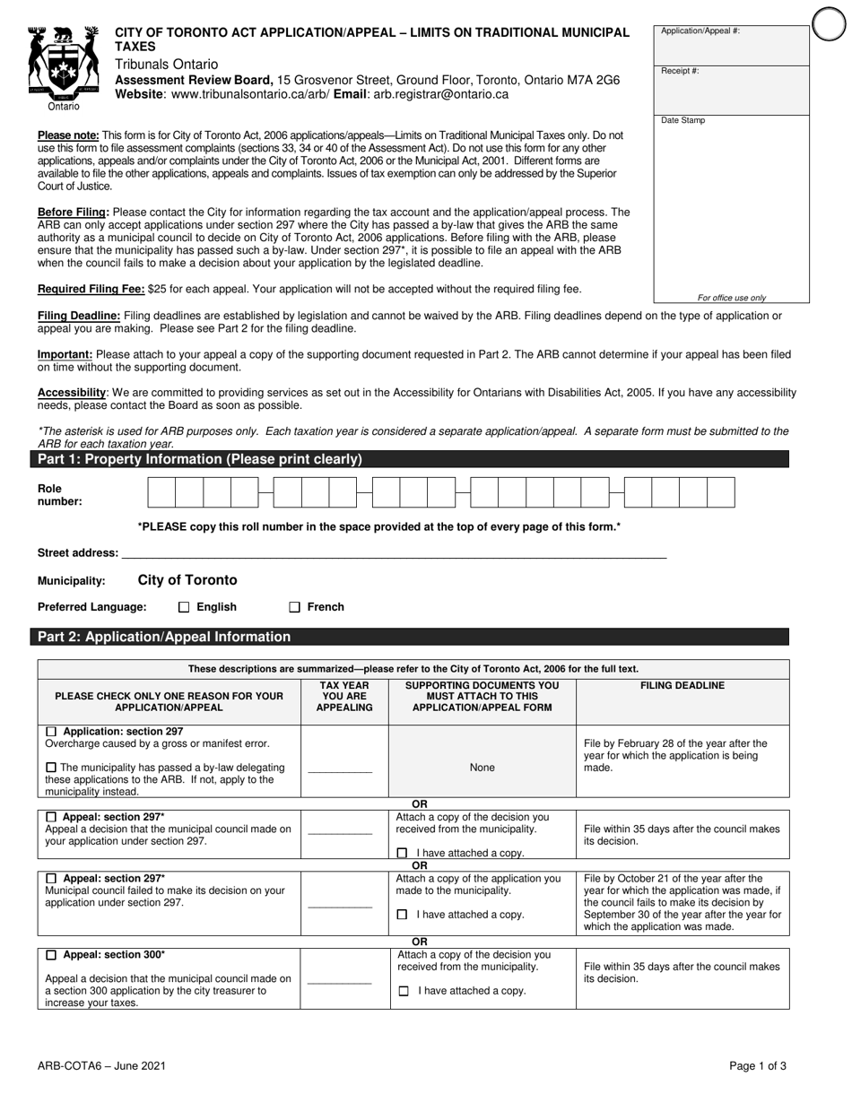 Form ARB-COTA6 City of Toronto Act, 2006 Application / Appeal - Limits on Traditional Municipal Taxes - Ontario, Canada, Page 4