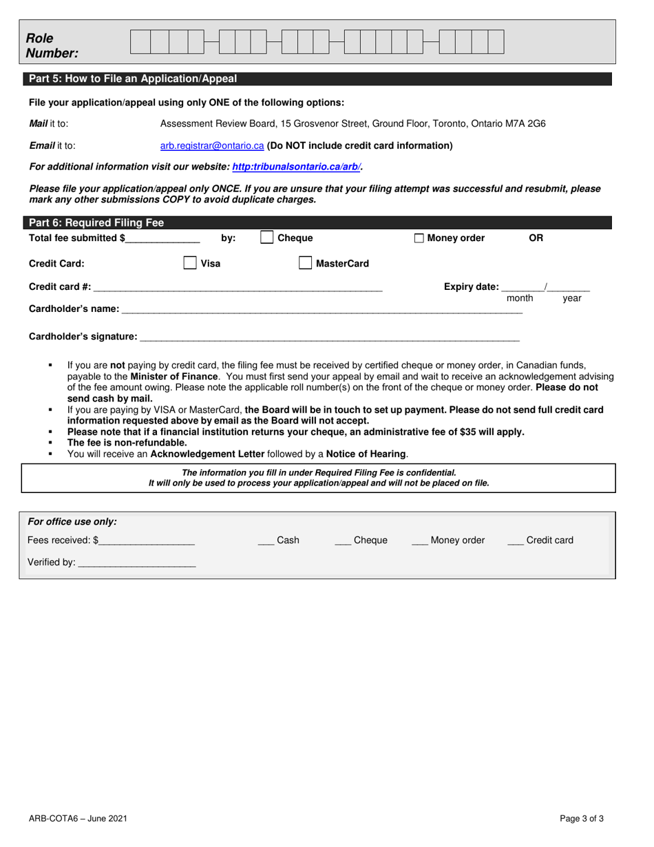 Form ARB-COTA6 City of Toronto Act, 2006 Application / Appeal - Limits on Traditional Municipal Taxes - Ontario, Canada, Page 6
