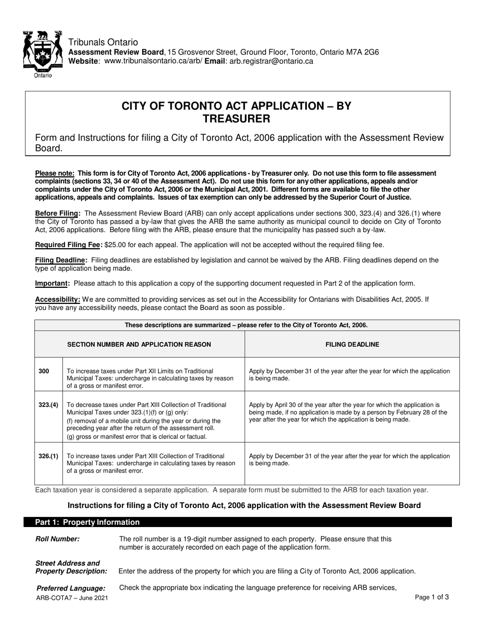 Form ARB-COTA7 City of Toronto Act Application - by Treasurer - Ontario, Canada, Page 1