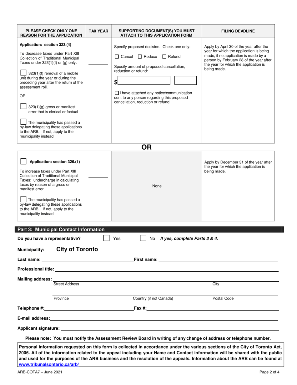 Form ARB-COTA7 City of Toronto Act Application - by Treasurer - Ontario, Canada, Page 5