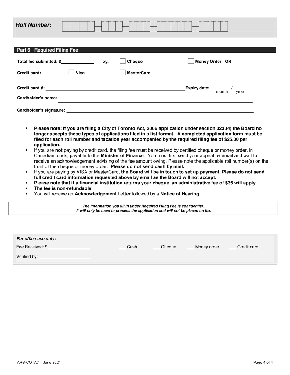 Form ARB-COTA7 City of Toronto Act Application - by Treasurer - Ontario, Canada, Page 7