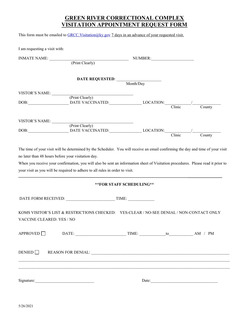 Green River Correctional Complex Visitation Appointment Request Form - Kentucky, Page 1