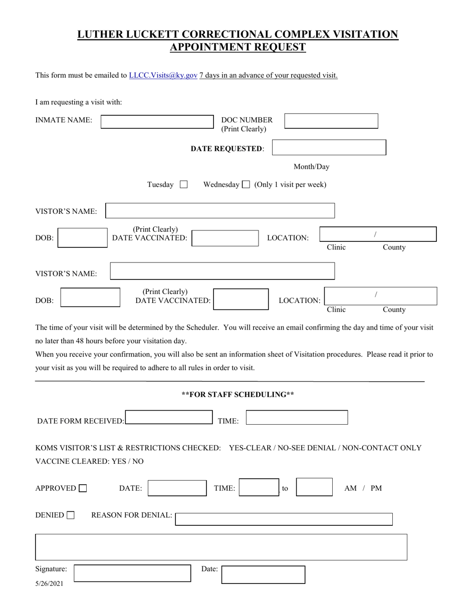 Luther Luckett Correctional Complex Visitation Appointment Request - Kentucky, Page 1