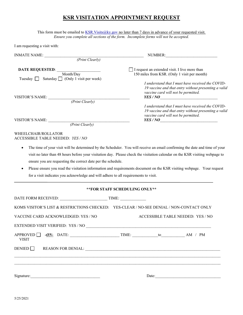 Ksr Visitation Appointment Request - Kentucky, Page 1
