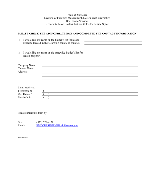 Request to Be on Bidders List for Rfp's for Leased Space - Missouri Download Pdf