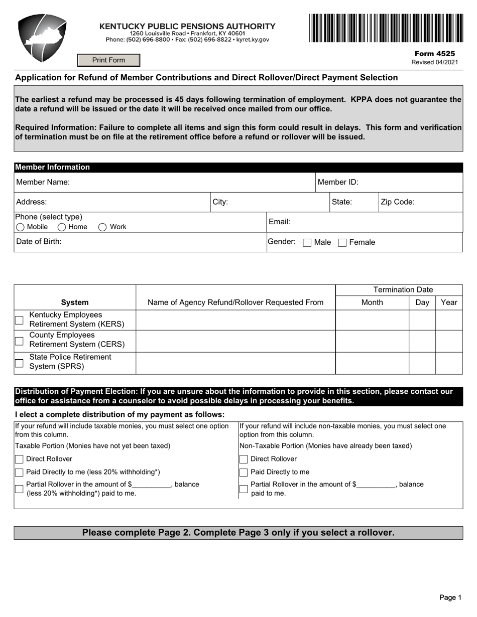 Form 4525 Application for Refund of Member Contributions and Direct Rollover / Direct Payment Selection - Kentucky, Page 1