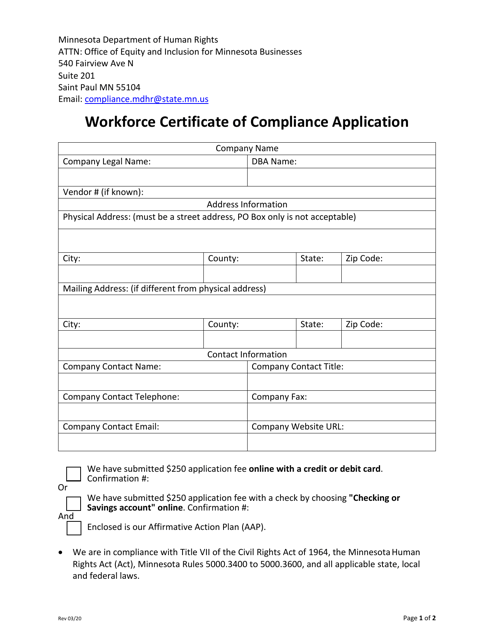 Workforce Certificate of Compliance Application - Minnesota Download Pdf