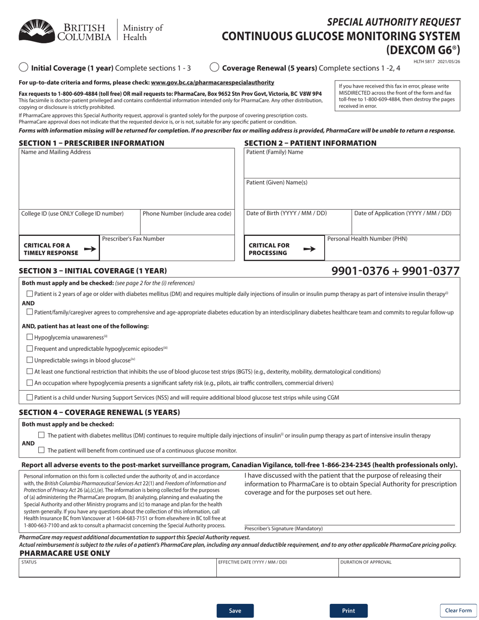 Form HLTH5817 Special Authority Request - Continuous Glucose Monitoring System (Dexcom G6) - British Columbia, Canada, Page 1