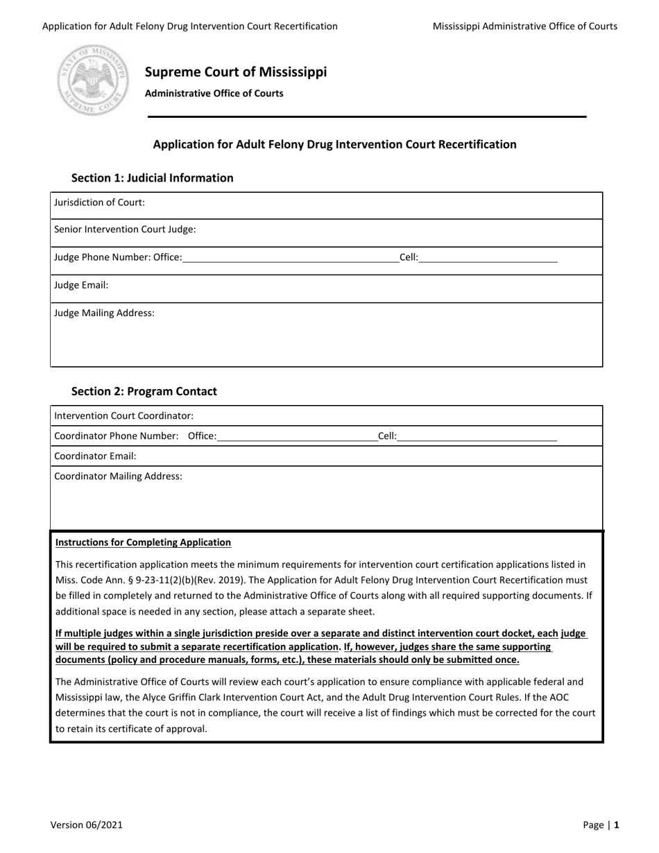 Application for Adult Felony Drug Intervention Court Recertification - Mississippi, Page 1