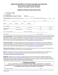 Document preview: Disabled Veteran License Application - Maine