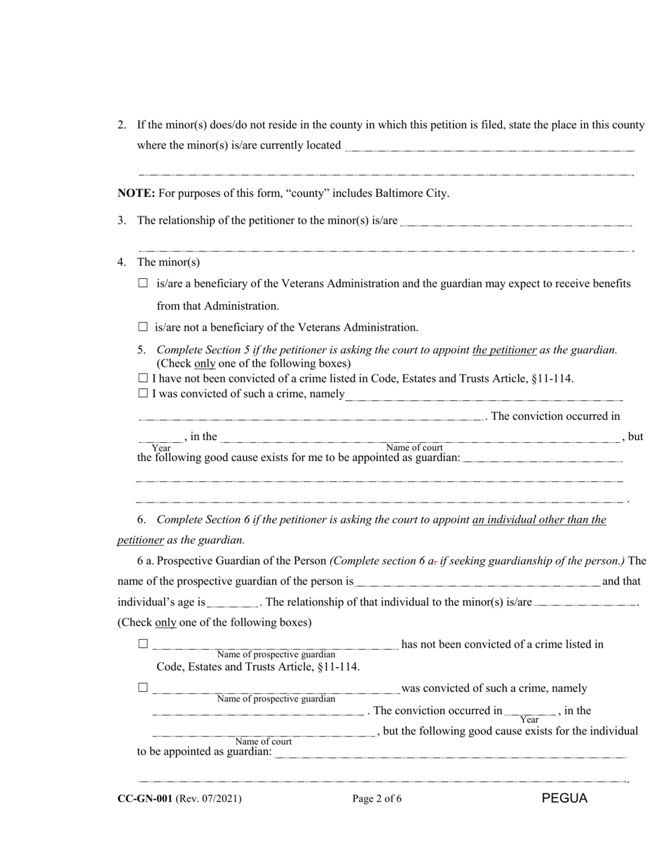 Form CC-GN-001 Petition for Guardianship of Minor - Maryland, Page 2