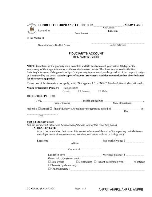Form CC-GN-012 Fiduciary's Account - Maryland