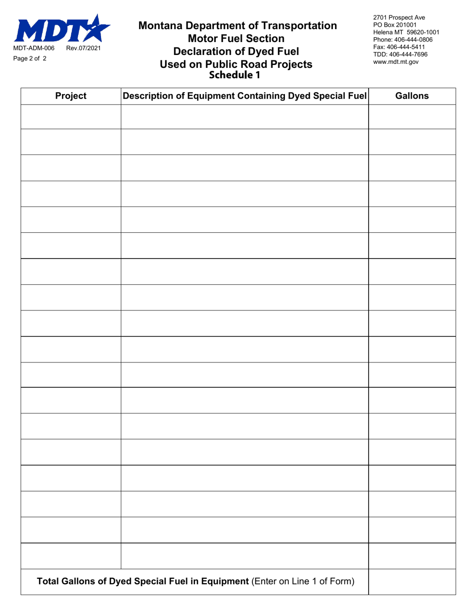 Form MDT-ADM-006 Declaration of Dyed Fuel Used on Public Road Projects - Montana, Page 2