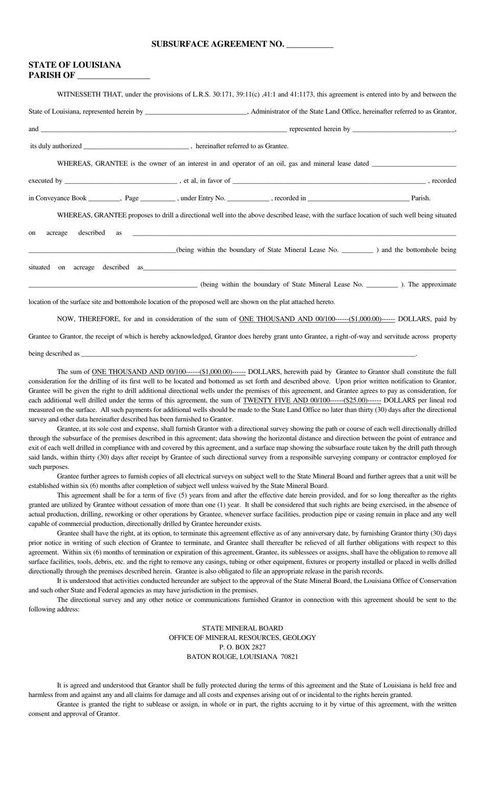 Subsurface Agreement - Louisiana, Page 1