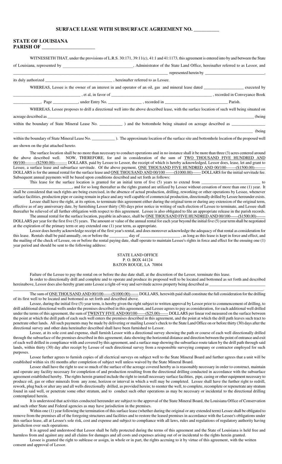Surface Lease With Subsurface Agreement - Louisiana, Page 1