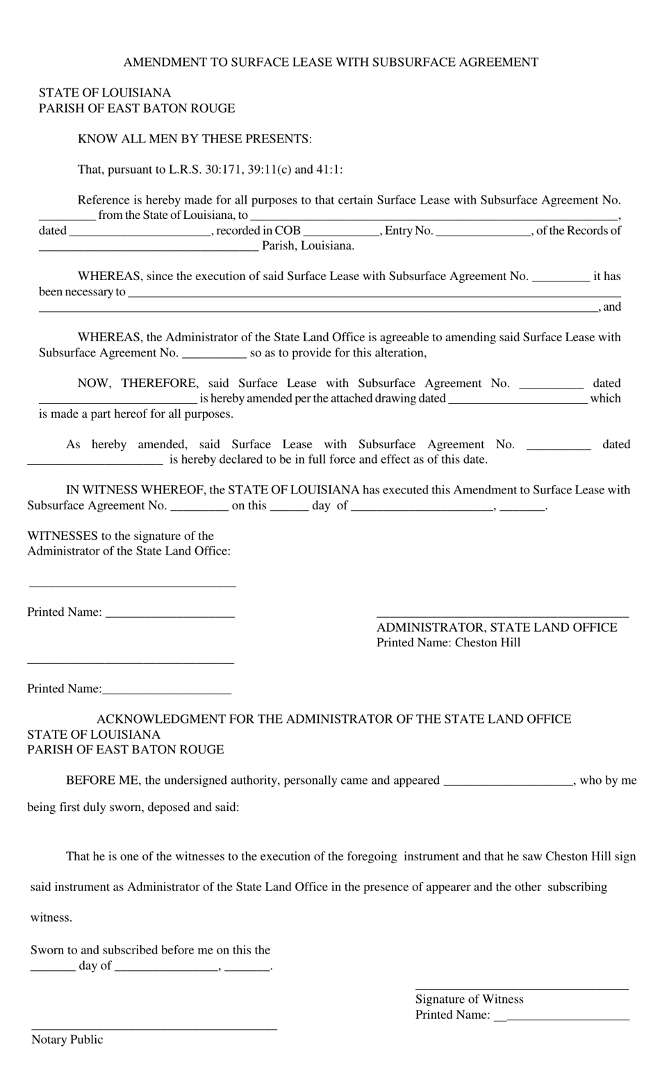 Amendment to Surface Lease With Subsurface Agreement - Louisiana, Page 1