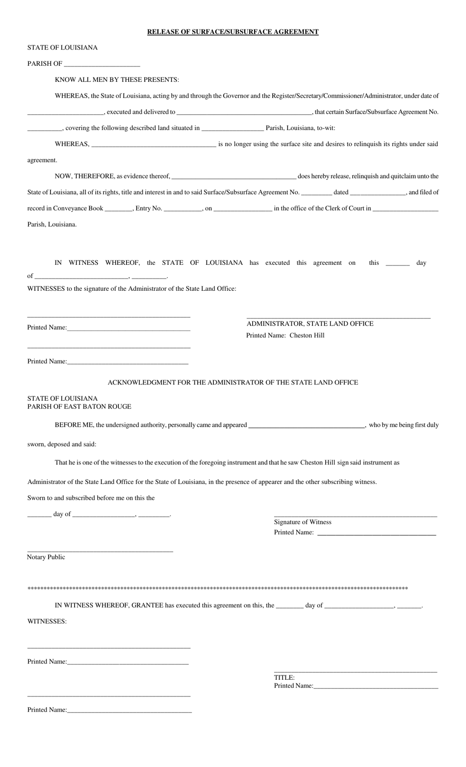 Louisiana Release of Surface/Subsurface Agreement - Fill Out, Sign ...