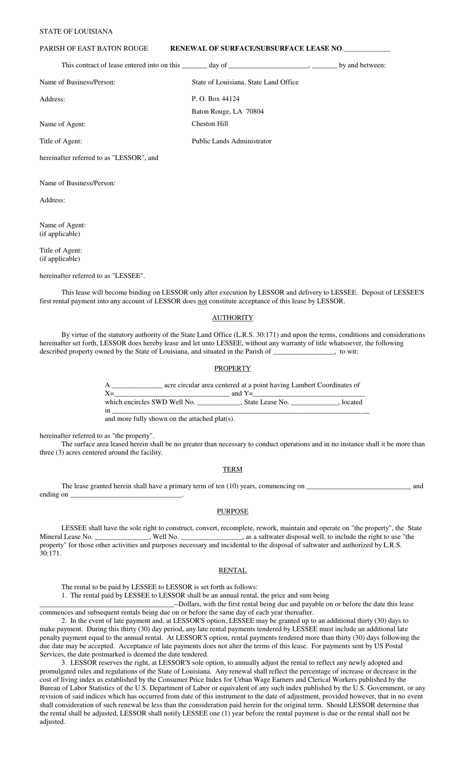Renewal of Surface / Subsurface Lease - Louisiana, Page 1
