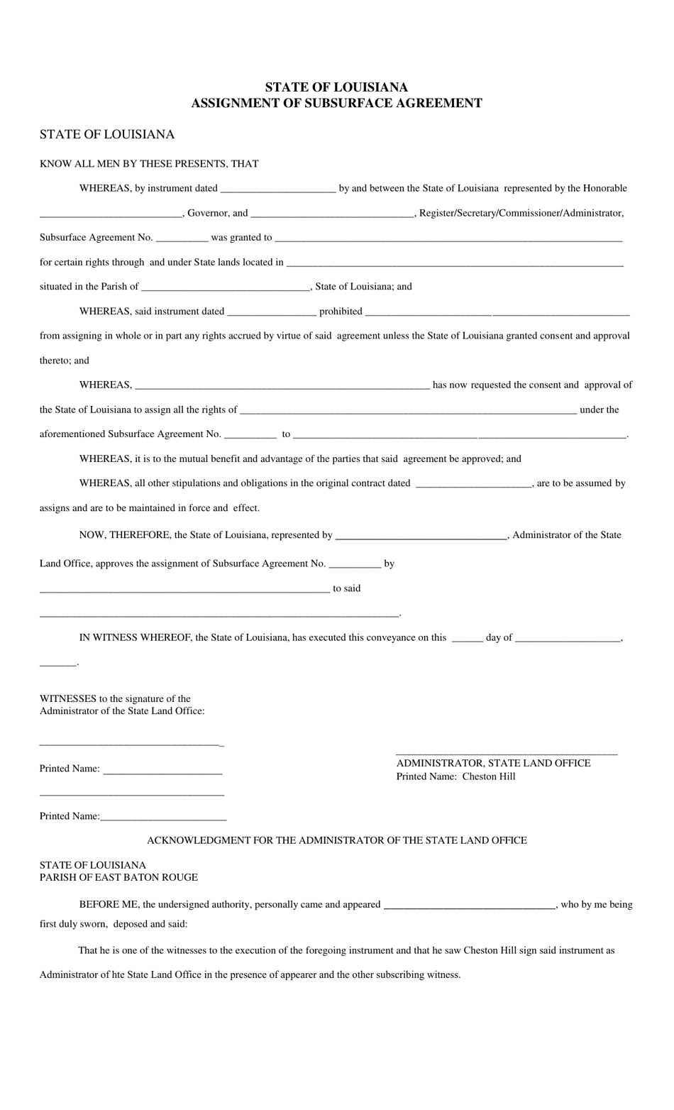 Louisiana Assignment of Subsurface Agreement - Fill Out, Sign Online ...