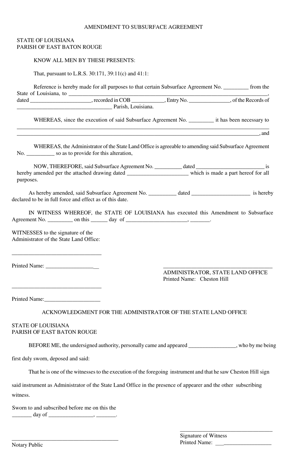 Amendment to Subsurface Agreement - Louisiana, Page 1