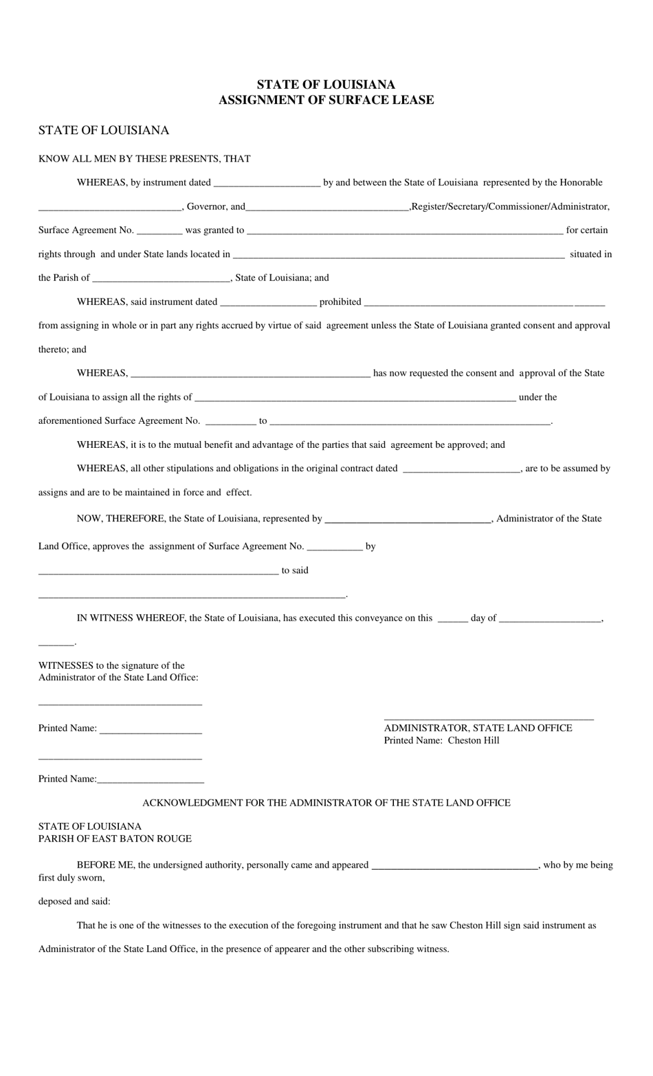 Assignment of Surface Lease - Louisiana, Page 1