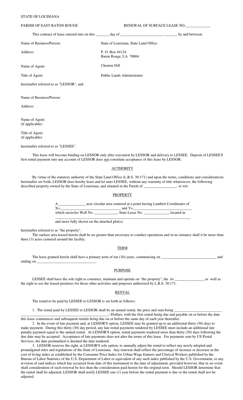 Renewal of Surface Lease - Louisiana, Page 1