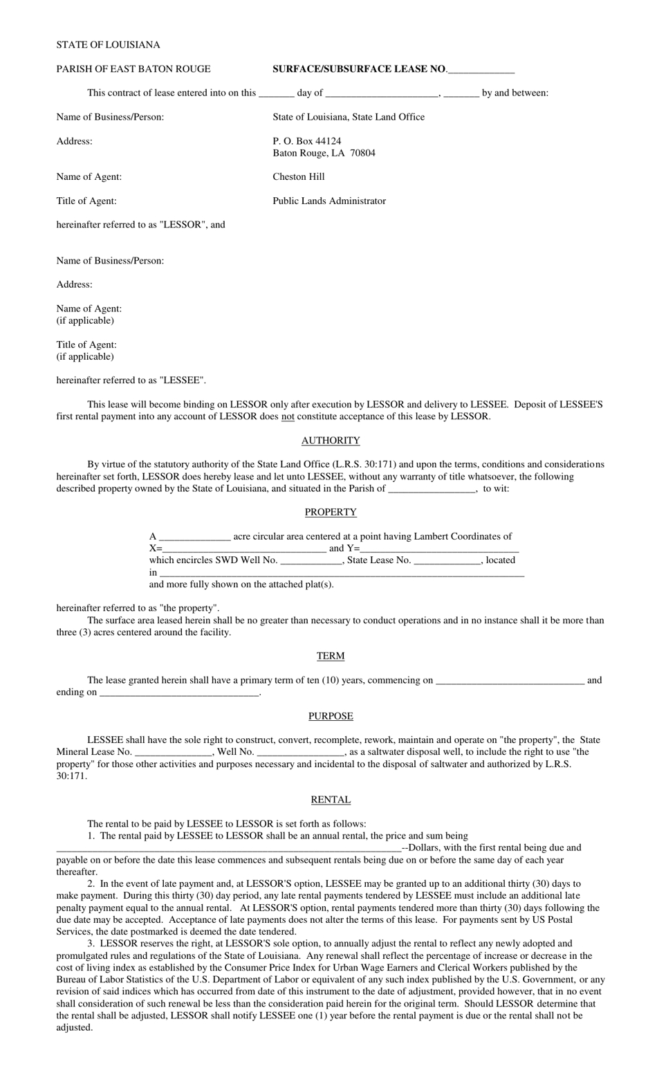 Surface / Subsurface Lease - Louisiana, Page 1