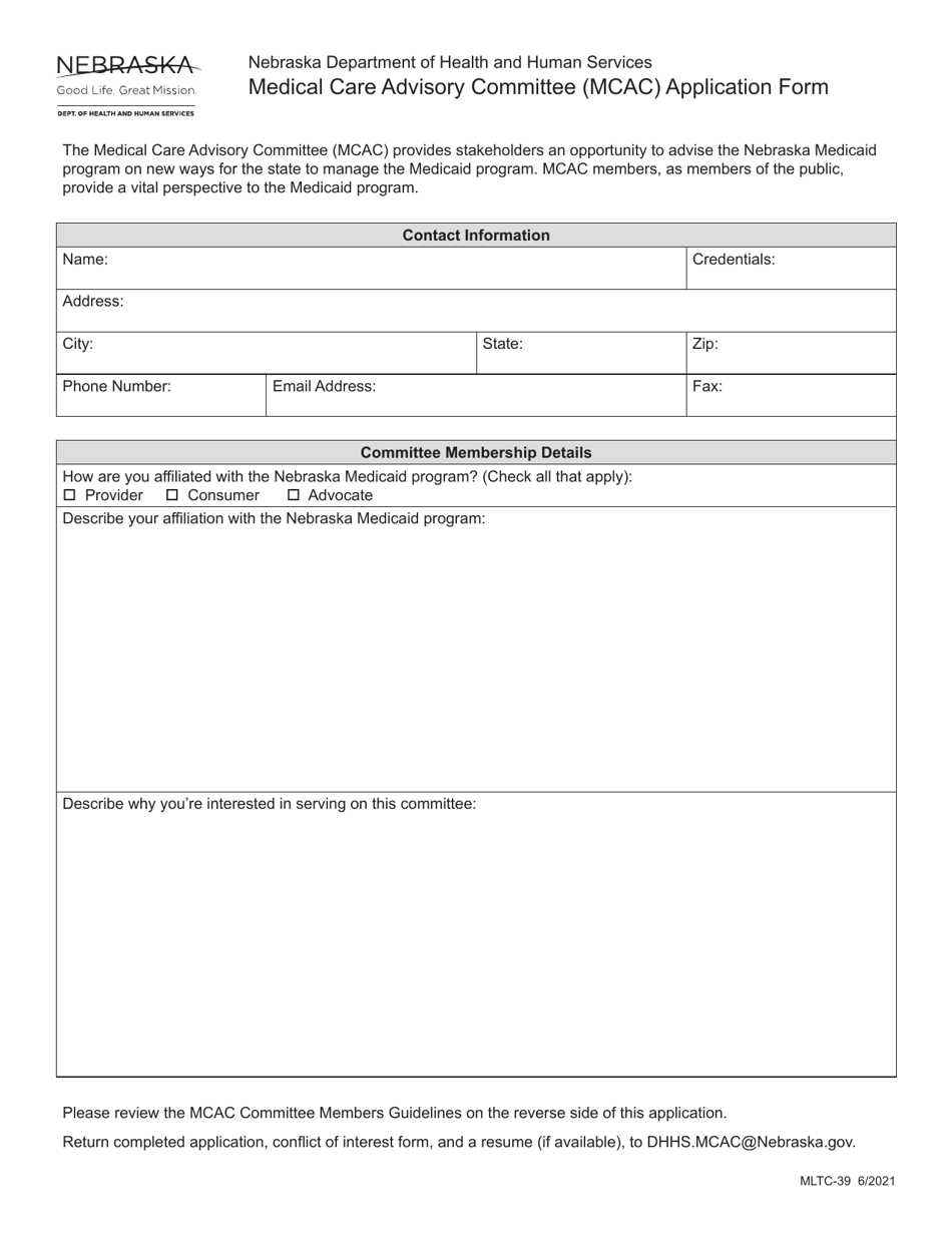Form MLTC-39 Medical Care Advisory Committee (Mcac) Application Form - Nebraska, Page 1