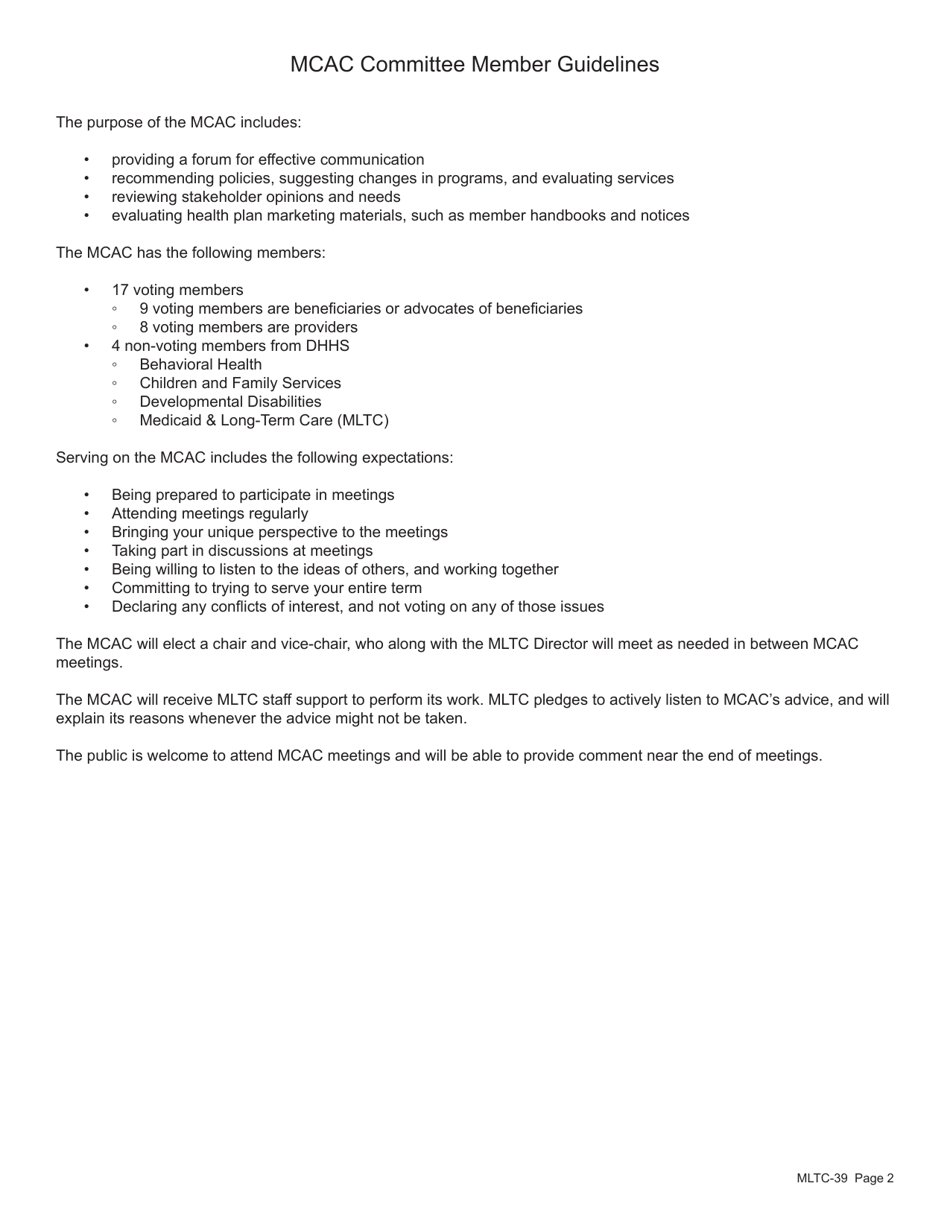 Form MLTC-39 Medical Care Advisory Committee (Mcac) Application Form - Nebraska, Page 2