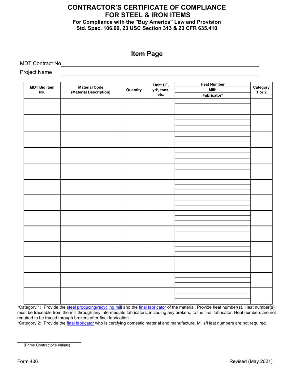 Form 406 Contractors Certificate of Compliance for Steel  Iron Items - Montana, Page 3