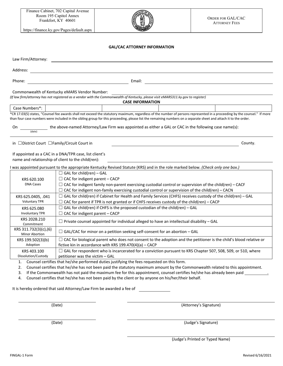 Form FINGAL-1 Gal / Cac Attorney Information - Kentucky, Page 1