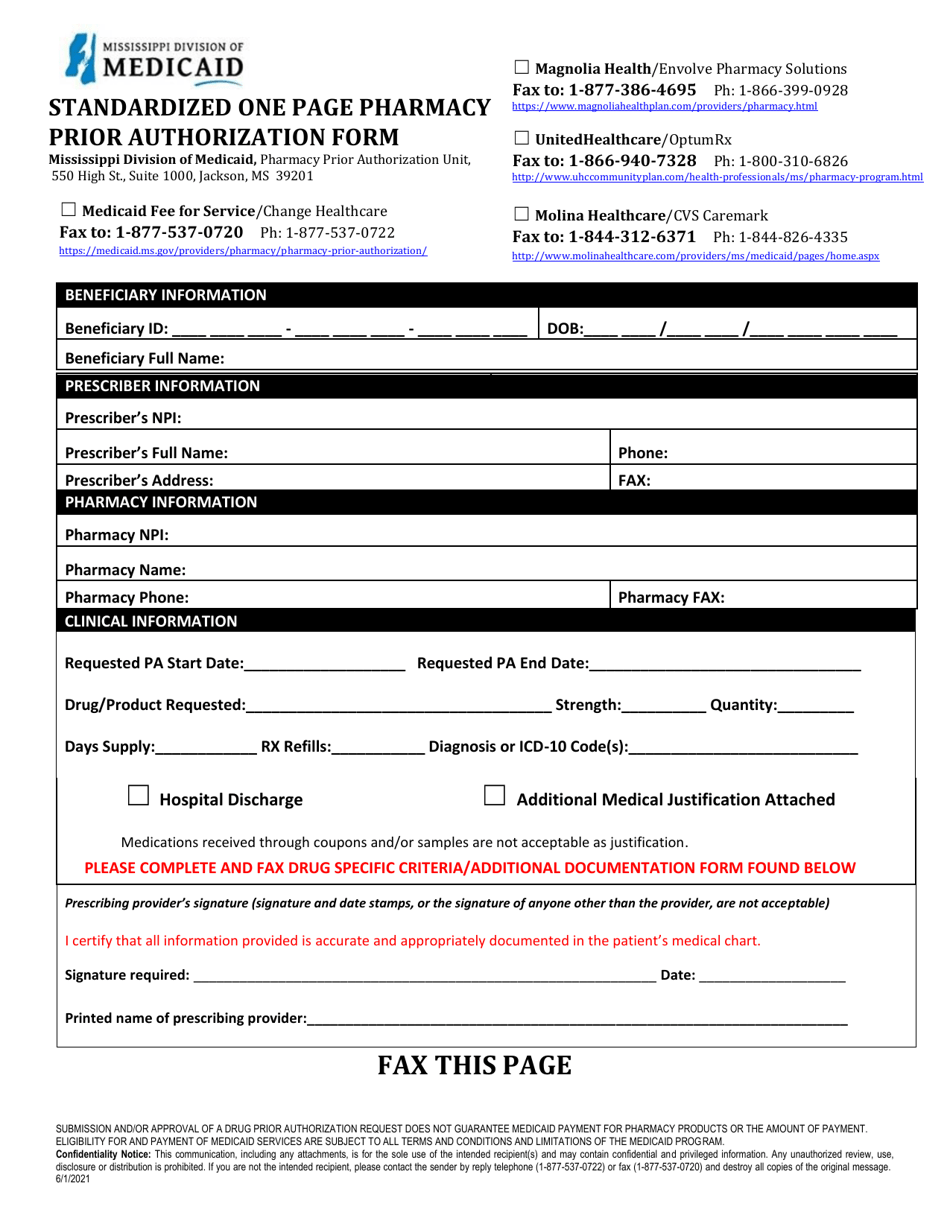 Prior Authorization Form - Hepatitis C Therapy - Mississippi, Page 1