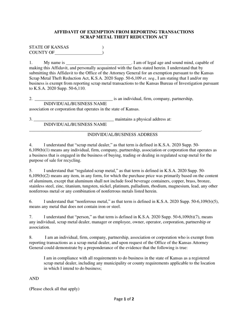 Affidavit of Exemption From Reporting Transactions - Scrap Metal Theft Reduction Act - Kansas Download Pdf