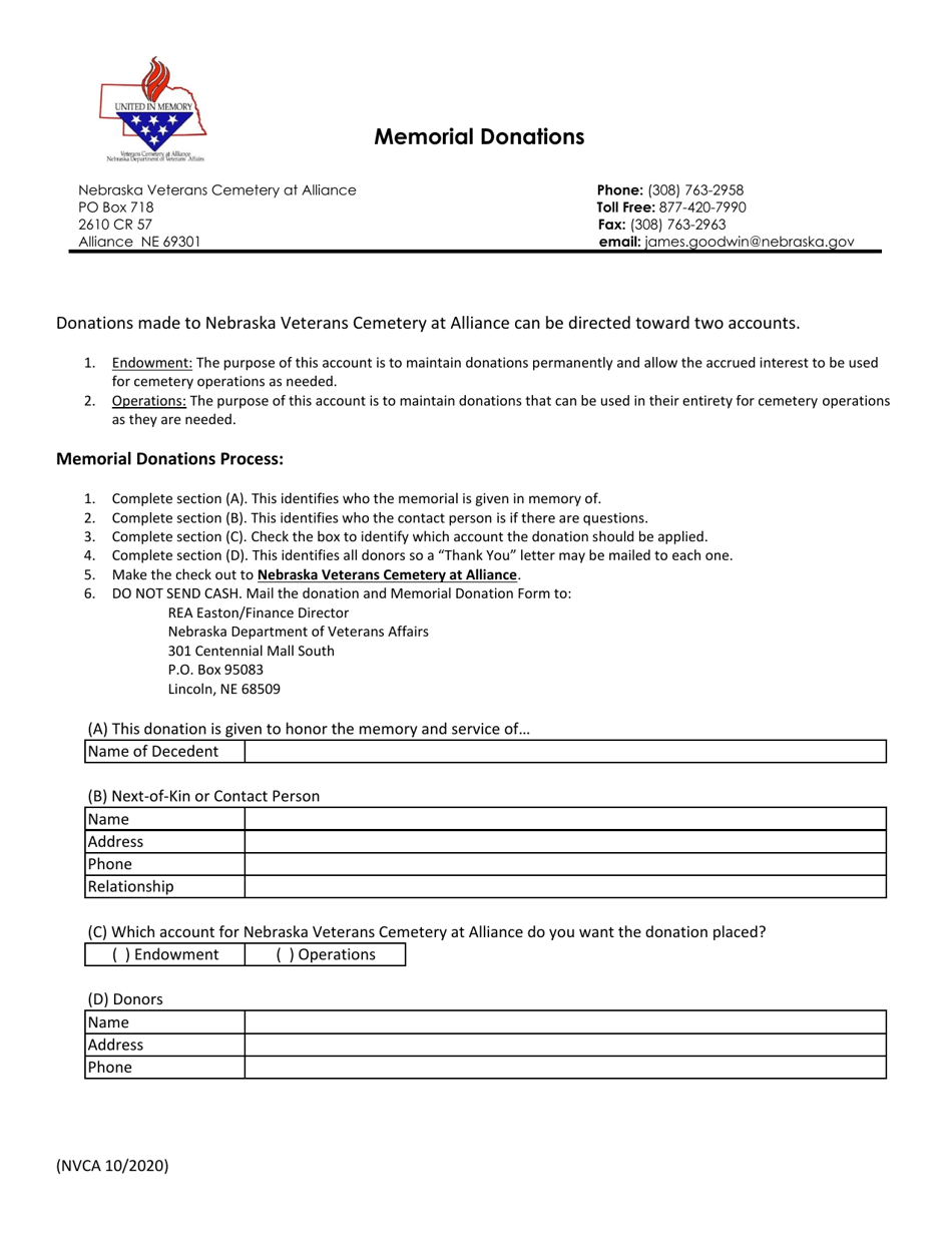 Form NVCA Memorial Donations - Nebraska, Page 1