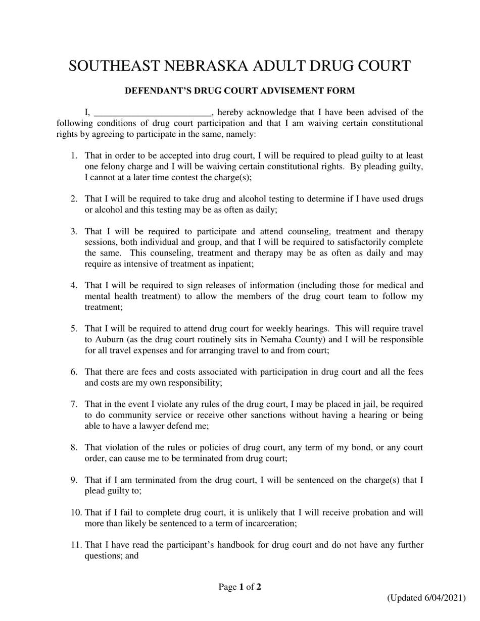 Nebraska Defendant's Drug Court Advisement Form Fill Out, Sign Online