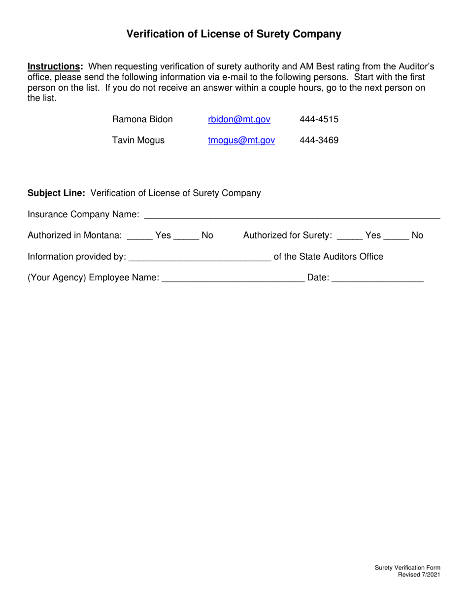 Verification of License of Surety Company - Montana, Page 1
