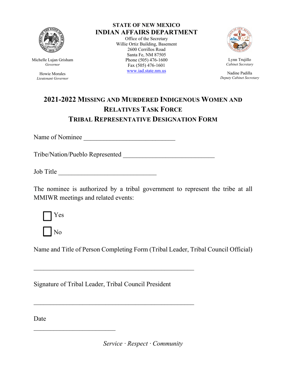 Missing and Murdered Indigenous Women and Relatives Task Force Tribal Representative Designation Form - New Mexico, Page 1