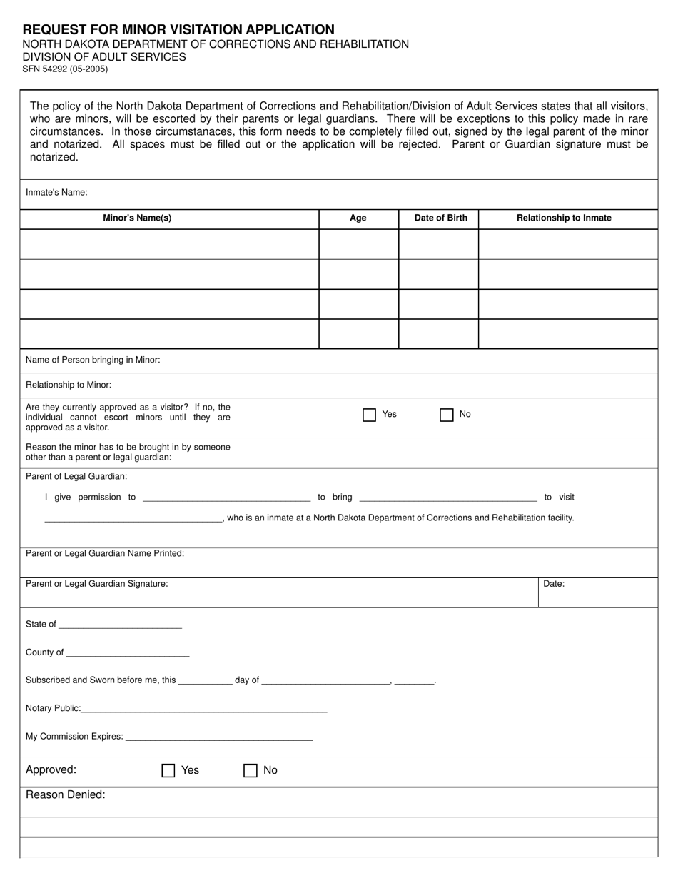 Form SFN54292 Request for Minor Visitation Application - North Dakota, Page 1