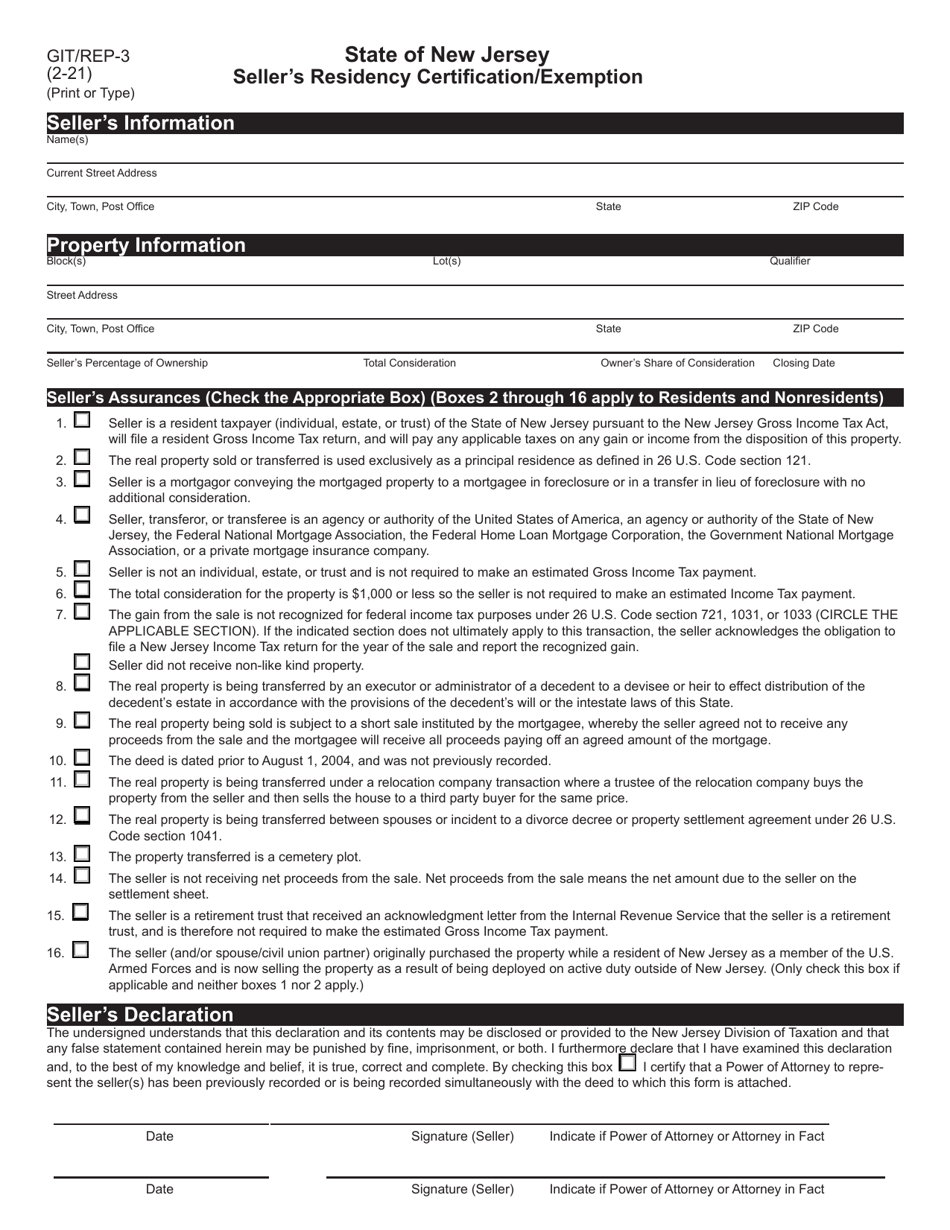 Form GIT / REP-3 Sellers Residency Certification / Exemption - New Jersey, Page 1