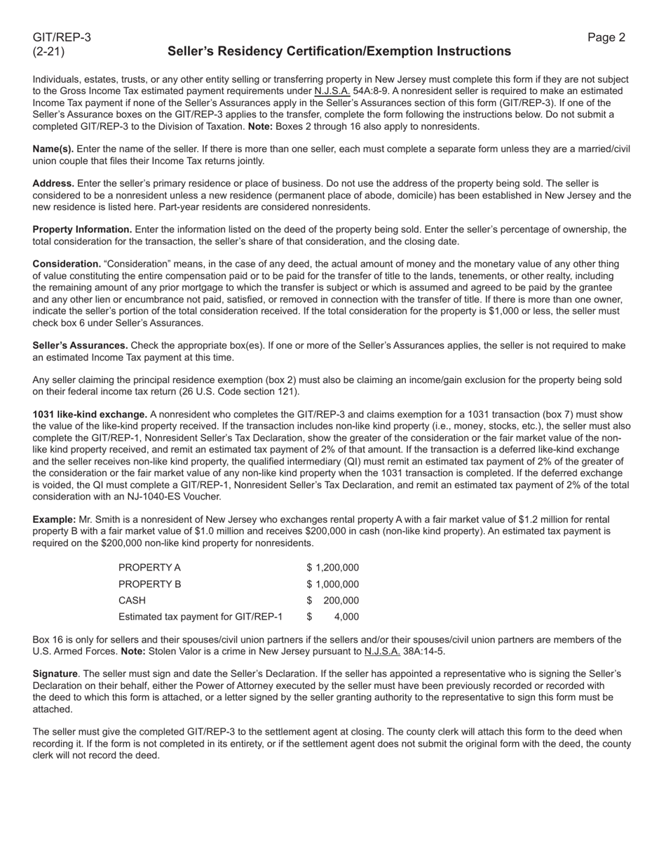 Form GIT / REP-3 Sellers Residency Certification / Exemption - New Jersey, Page 2
