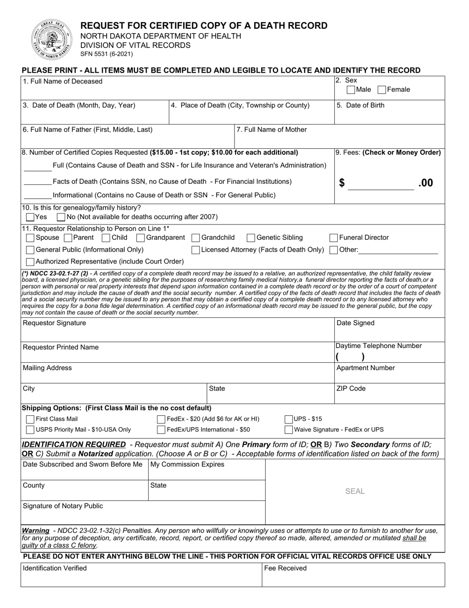 Form SFN5531 Request for Certified Copy of a Death Record - North Dakota, Page 1