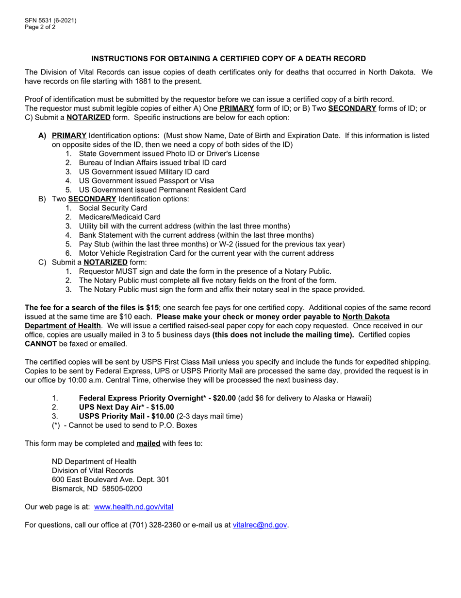 Form SFN5531 Request for Certified Copy of a Death Record - North Dakota, Page 2