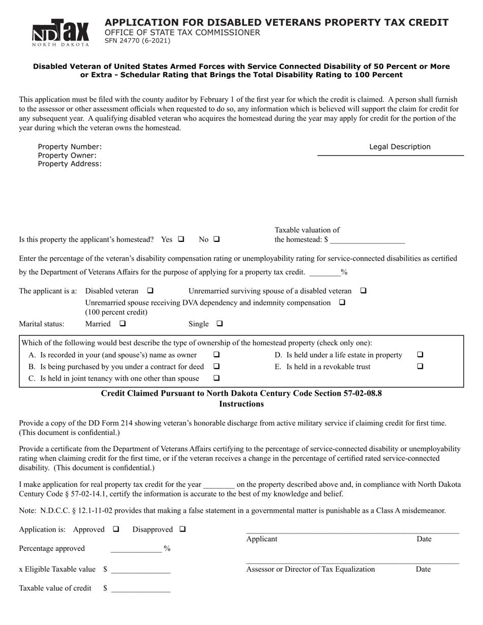 Form SFN24770 Application for Disabled Veterans Property Tax Credit - North Dakota, Page 1