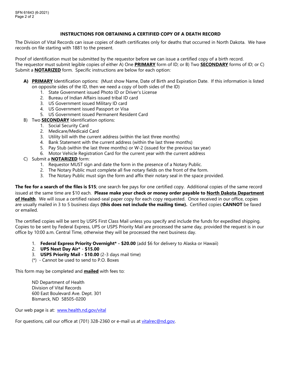 Form SFN61643 Request for Certified Copy of a Fetal Death Record - North Dakota, Page 2