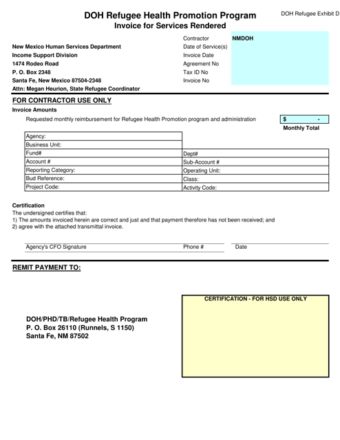 Exhibit D Invoice for Services Rendered - Doh Refugee Health Promotion Program - New Mexico
