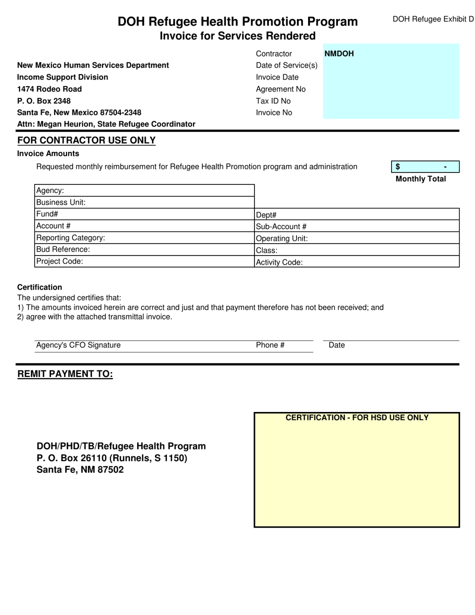 Exhibit D Invoice for Services Rendered - Doh Refugee Health Promotion Program - New Mexico, Page 1