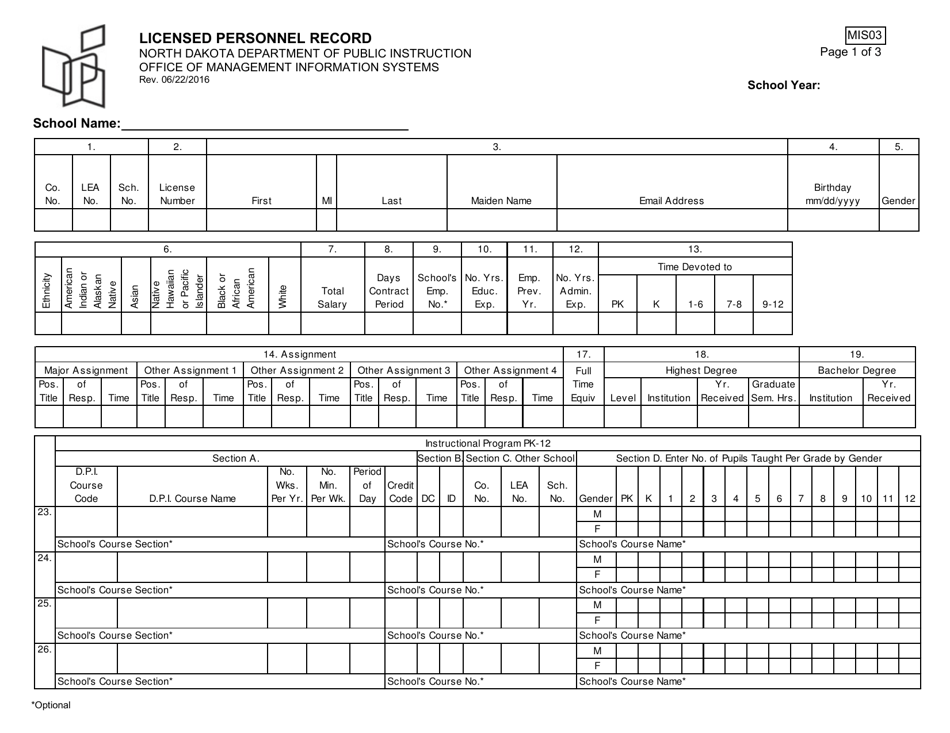 Form MIS03 Licensed Personnel Record - North Dakota, Page 1